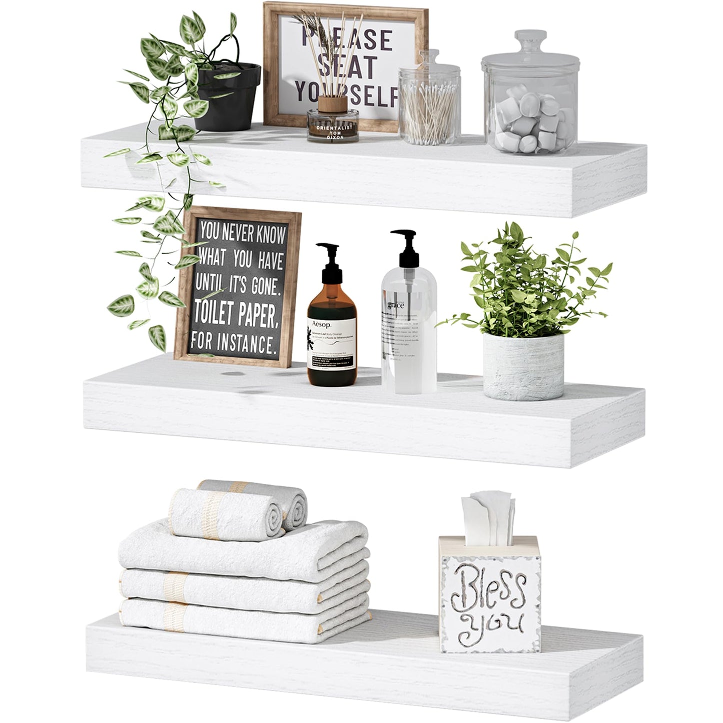 QEEIG Floating Shelves for Wall Bathroom Shelf Bedroom Kitchen Living Room Hanging Book Shelves Small Farmhouse Decor 16 inch Set of 3, Rustic Brown (015-BN3)